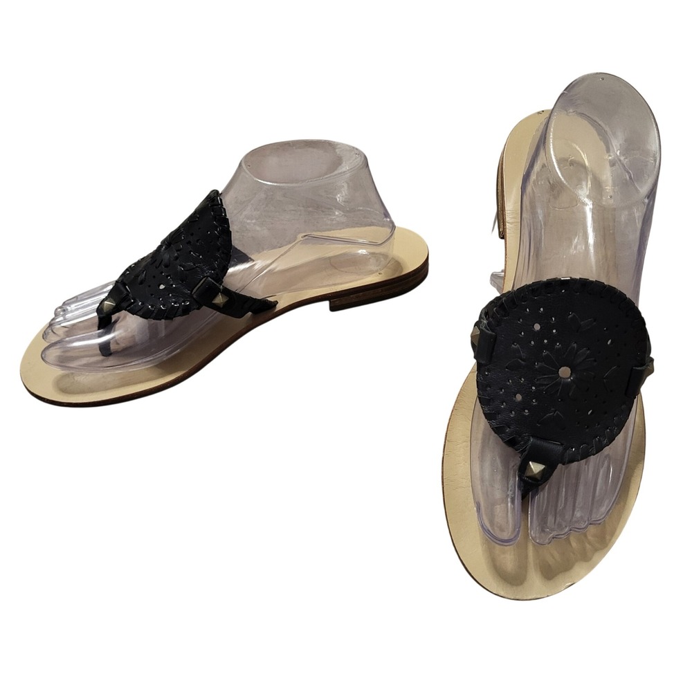 Jack Rogers Georgica Black Leather Studded Whipstitch Thong Sandals 8.5 Casual